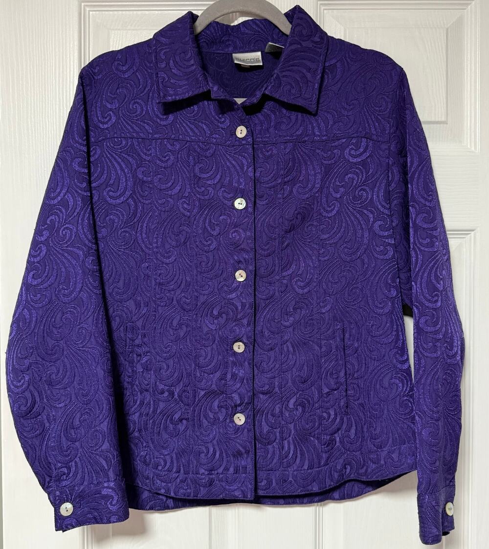 Chico's Women's Purple Brocade Button Front Jacket Size 1